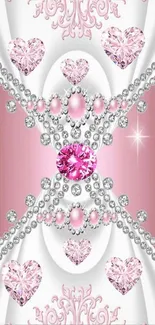 Pink and white wallpaper with diamonds and floral design.