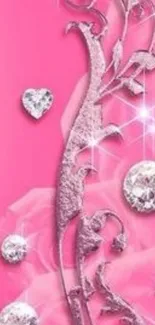 Pink wallpaper with diamonds and floral design for mobile phone.