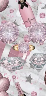 Elegant wallpaper with pink diamonds, champagne, and gifts.