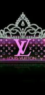 Louis Vuitton pink wallpaper with diamond tiara on black background.