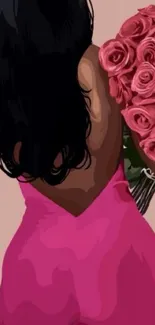 Woman in pink dress holding red roses.