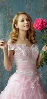 Woman in elegant pink dress holding a rose against a blue textured background.