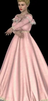 Woman in a pink dress with lace details on a dark background.