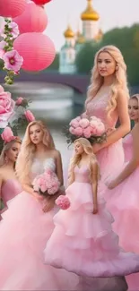 Elegant women in pink dresses with roses and dreamy background.