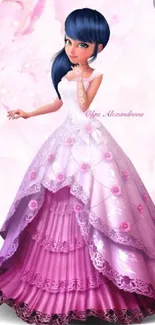 Animated character in an elegant pink dress with lace details on a soft background.