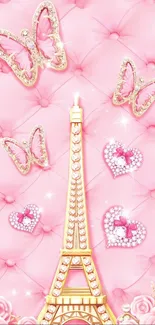 Pink wallpaper with Eiffel Tower, butterflies, and heart decor.