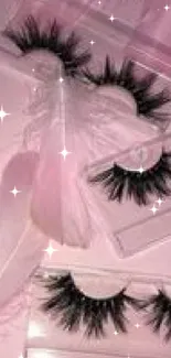 Elegant pink wallpaper with eyelashes and feathers.