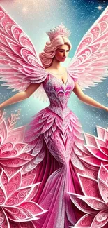 Elegant pink fairy with wings and floral dress on mobile wallpaper.