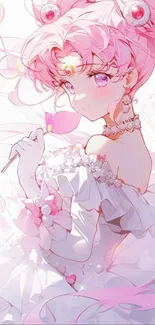 Elegant pink-haired anime character wallpaper with pastel bubbles.