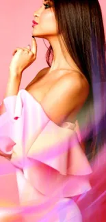 Fashionable woman in a pink-themed portrait.