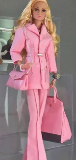 Chic doll in pink fashion ensemble with matching accessories on wallpaper.