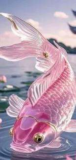 Elegant pink fish in serene water setting with flowers.