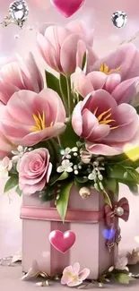 Elegant pink flowers in a decorative gift box.