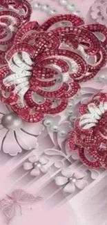 Pink and red floral wallpaper with pearls.