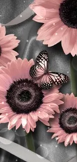 Elegant pink flowers and butterfly on silky gray background.