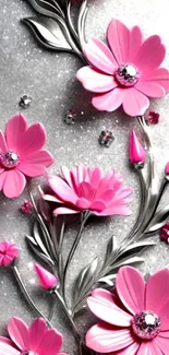 Elegant pink floral design on a gray background with sparkling elements.