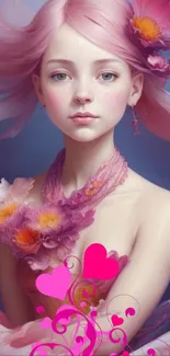 Fantasy art of a young woman with pink hair and floral adornments.