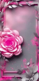 Elegant pink floral frame wallpaper with grey background.