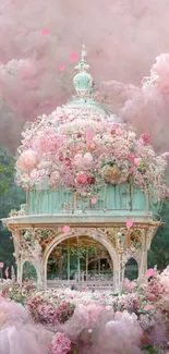 Elegant pink floral gazebo in dreamy landscape.