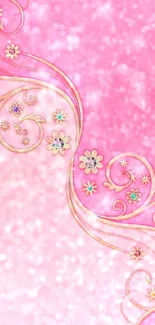 Elegant pink floral wallpaper with swirl patterns.