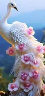 White peacock with pink flowers in serene landscape.