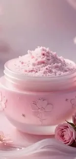 Pink floral wallpaper featuring a powder jar and roses.