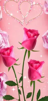 Elegant pink rose wallpaper with sparkling hearts on a soft pink background.