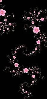 Elegant mobile wallpaper with pink floral swirls on black background.