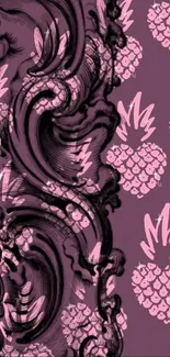 Elegant pink and black floral pattern wallpaper with intricate designs.