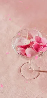 Glass with pink flower petals on a soft pink background.