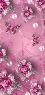 Elegant pink floral wallpaper with butterflies and pearls.