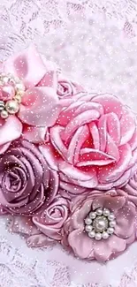 Elegant pink satin floral wallpaper with pearls.