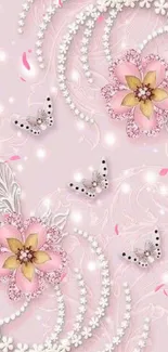 Elegant pink wallpaper with flowers and butterflies.