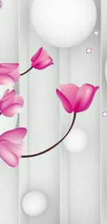 Elegant pink floral wallpaper with spheres.