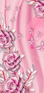 Elegant pink floral wallpaper with roses and butterflies.