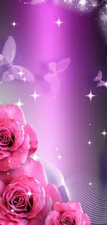 Elegant wallpaper with pink roses and butterflies on a purple gradient background.