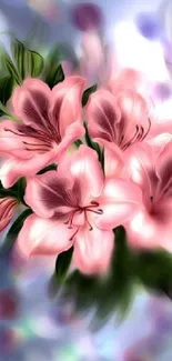 Elegant pink lily flowers on artistic wallpaper.