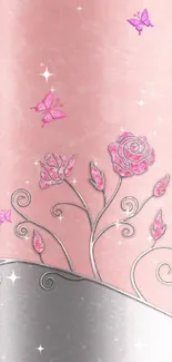 Elegant pink wallpaper with floral designs and butterflies.