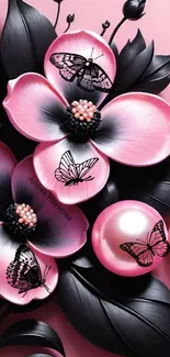 Pink floral with butterflies on black.