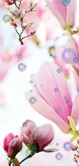 Pink flower blossoms with bubbles on mobile wallpaper.