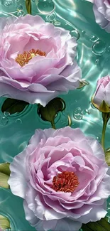 Pink flowers floating on a sea green water background.