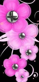 Elegant pink flowers on black wallpaper.