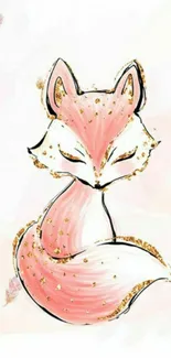 Elegant pink fox illustration with golden accents on mobile wallpaper.