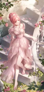 Elegant pink gown in a serene garden scene wallpaper.