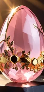 Pink gemstone with golden floral design on a mobile wallpaper.