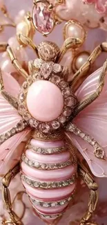 Intricate pink gemstone insect design on wallpaper.