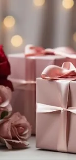 Elegant pink gifts and roses in soft lighting.