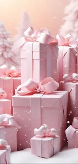 Festive pink gift boxes with ribbons in a snowy setting wallpaper.