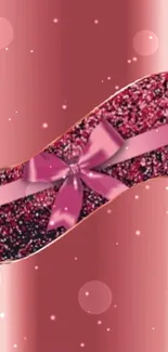 Elegant pink glitter wallpaper with ribbon design and sparkling background.