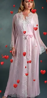 Elegant woman in a pink gown surrounded by floating red hearts.